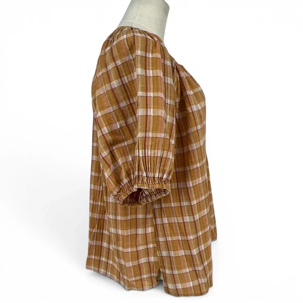 LOFT‎ Mustard Yellow Plaid Puff Sleeve Tie Neck Blouse Top Large Boho Cotton